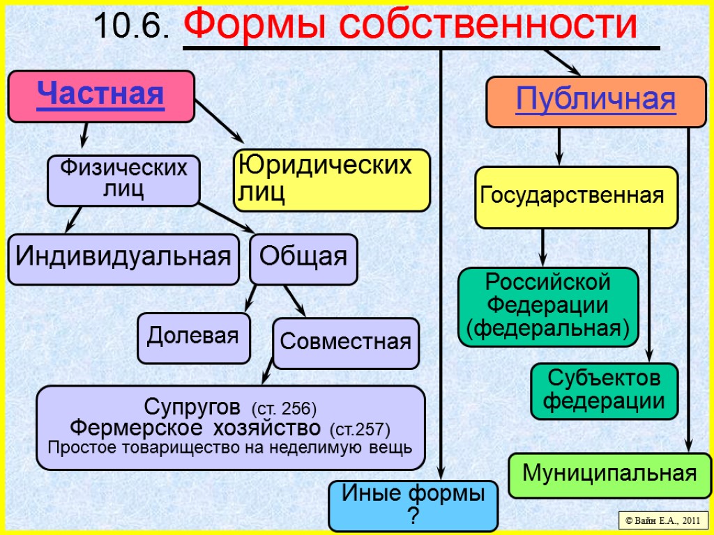 10.6. Формы собственности © Вайн Е.А., 2011 Частная Публичная Физических лиц Юридических лиц Индивидуальная